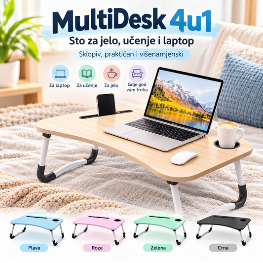 MultiDesk 4u1 – Multifunkcionalni Sklopivi Sto za Jelo, Učenje, Laptop i Rad