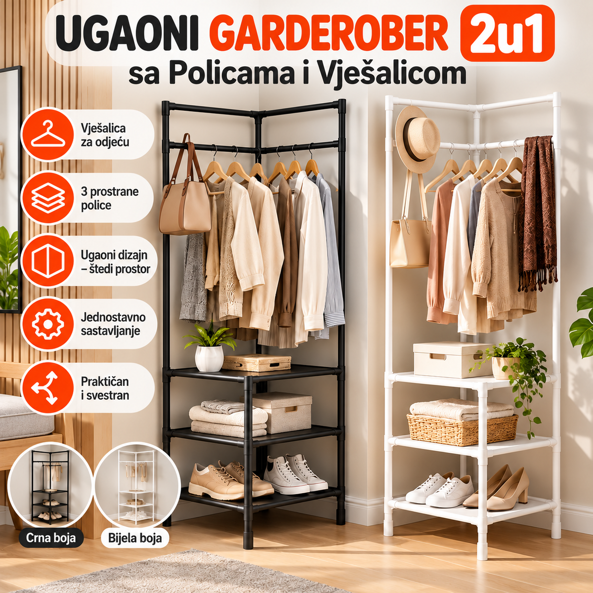 Ugaoni Garderober 2u1 sa Policama i Vješalicom – Organizator Odjeće i Obuće